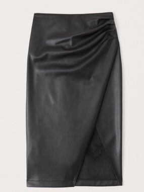 Abercrombie & Fitch Vegan Leather Ruched Wrap Midi Skirt Black Size M Slit